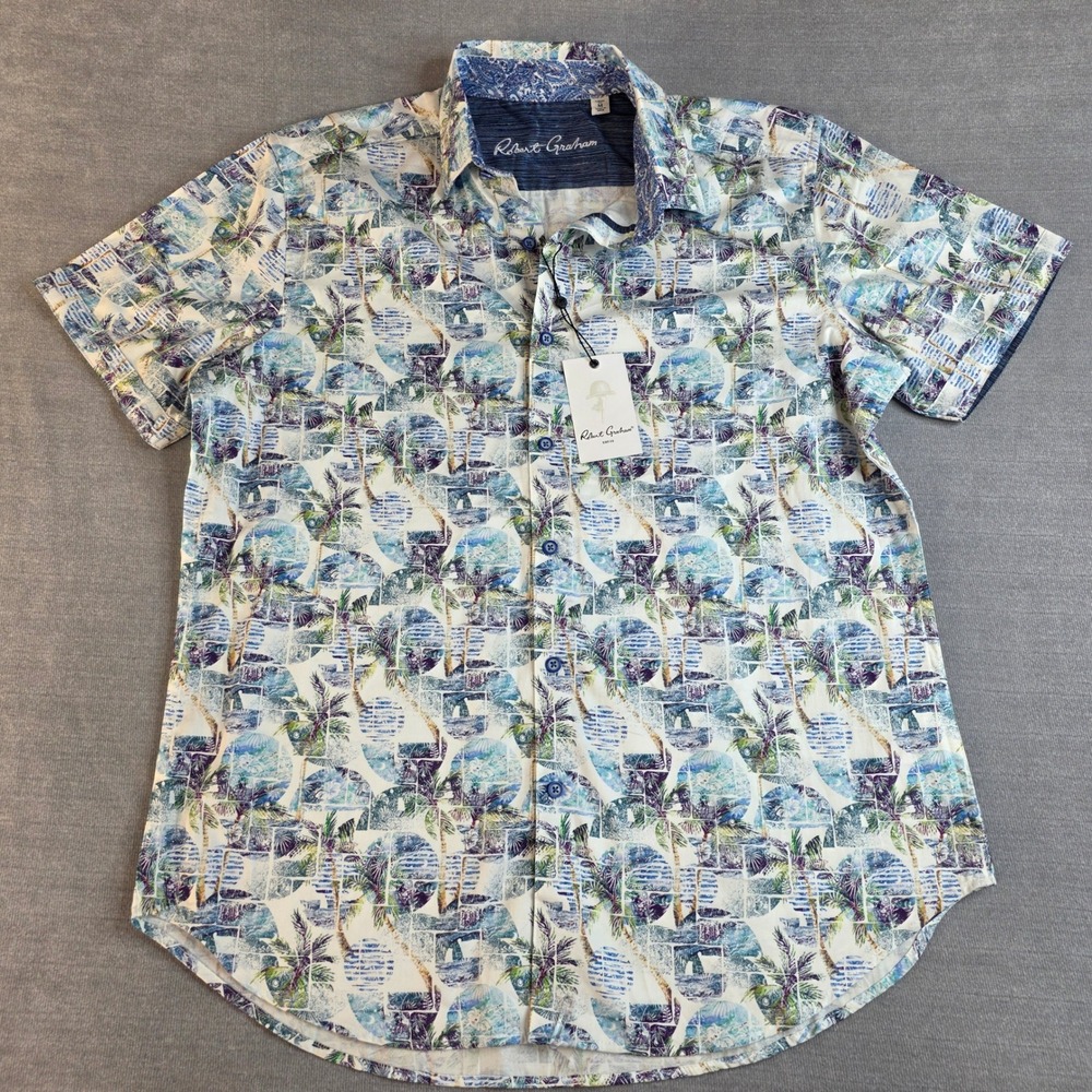 Robert Graham Button Down Mens XL Blue‎ NWT Tropical Palm Print Summer Shirt